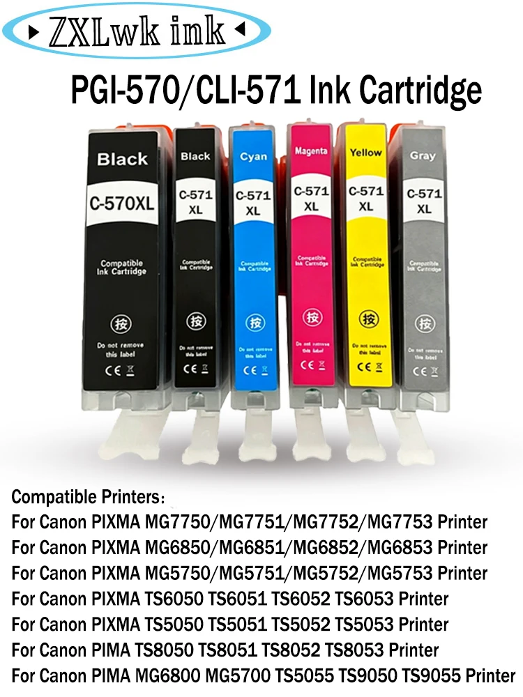 PGI-570 CLI-571 PGI570 CLI571Ink Cartridge with ARC Chip  Compatible for Canon Pixma TS5050 TS5051 TS5053 TS5055 TS6050 Printer