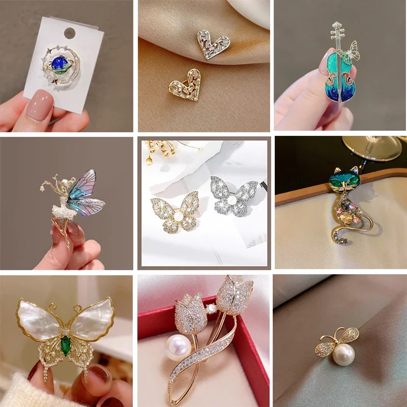 

Sparkling Crystal Rhinestone Guitar Tulip Butterfly Cat Brooches for Women Luxury Corsage Badge Coat Jacket Pin Suit Accessories