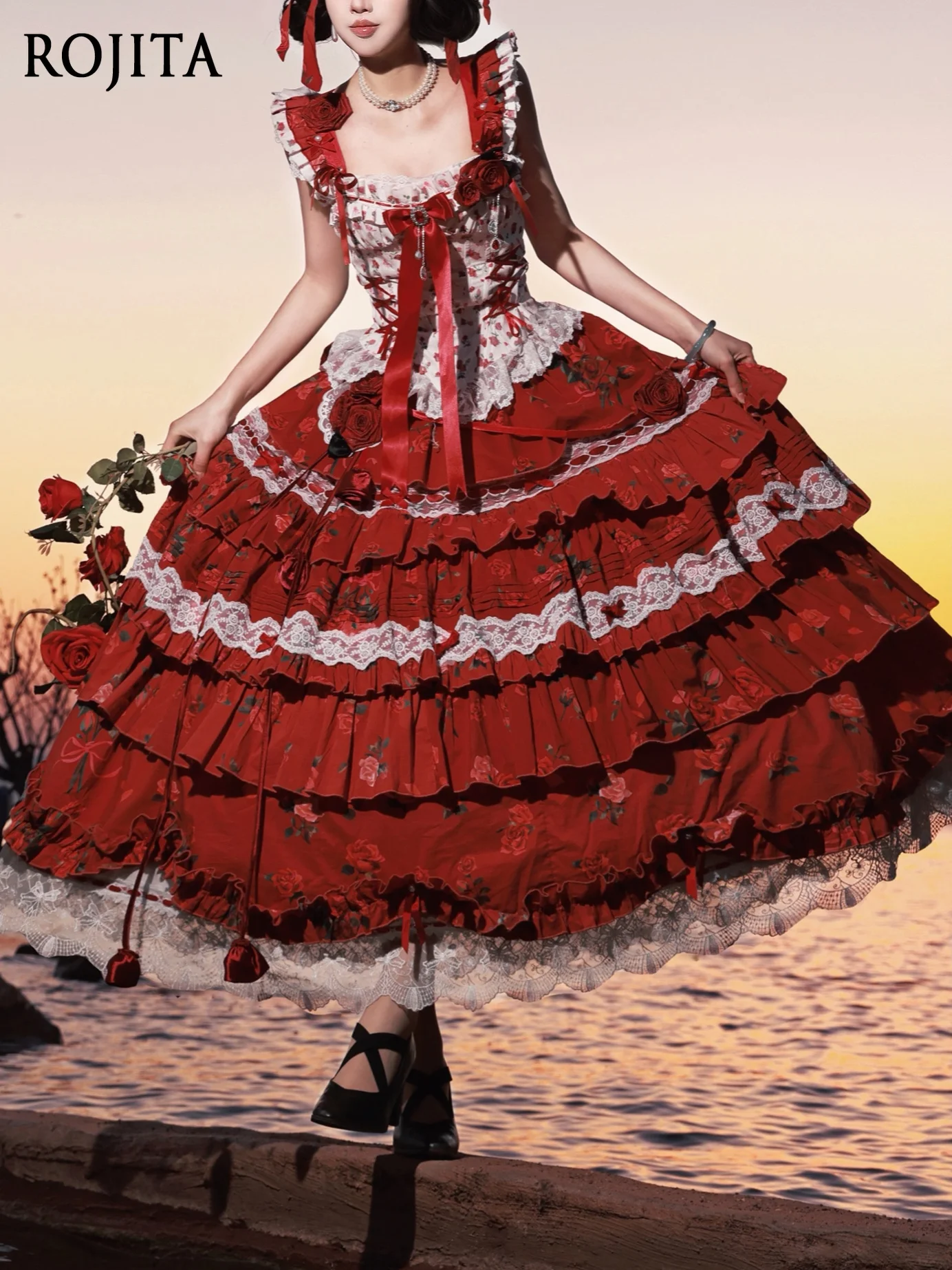 

Fashion Elegance Temperament Lace Bow Pleated Print Cake Lolita Printed Cotton Tiered Skirt + Boned Bustier + Bow Pin Accessory