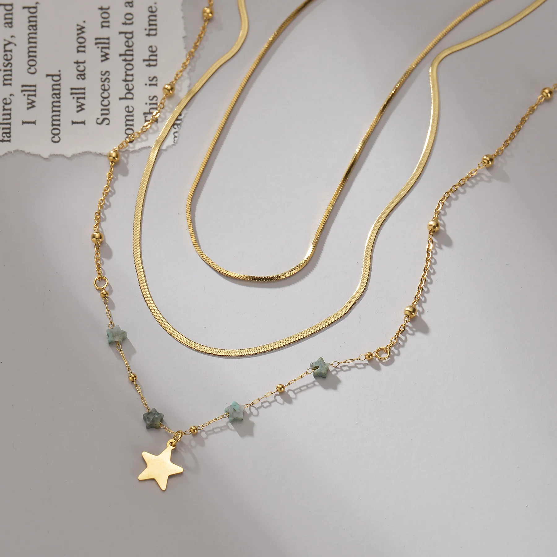 Akizoom Bohemia 3-Layer Star Necklace Green Stone Stainless Steel Summer Jewelry Snake Chains Vintage Choker for Women Gifts