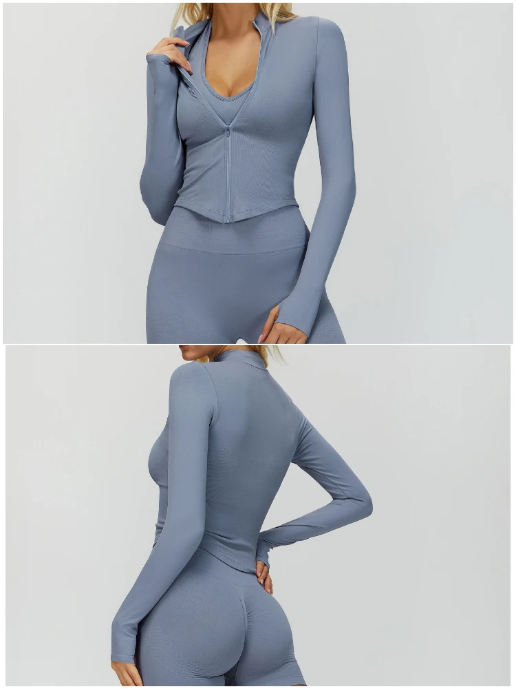 VITALINOVO Damen Cropped Running Workout Jacken mit Reißverschluss, schmal geschnittene Sportjacken mit Daumenlöchern, nahtlose, dehnbare Trainingsjacken – Detail 13