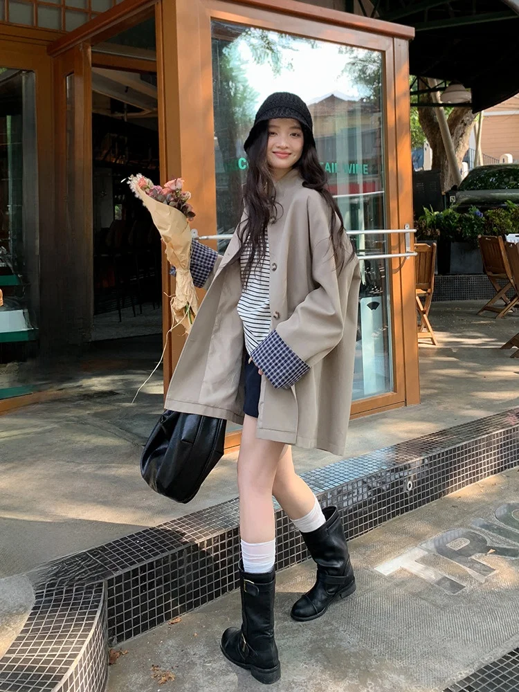 

Новое женское пальто цвета хаки средней длины в корейском стиле, свободного кроя, с длинными рукавами, на одной пуговице, однотонное, для повседневной носки.