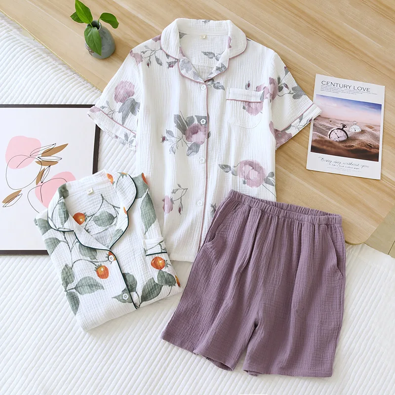 Verão novo 100% algodão crepe senhoras pijamas de manga curta shorts de duas peças simples fresco e bonito homewear conjunto de pijama feminino