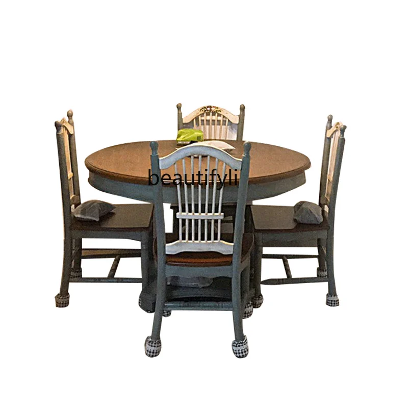 

Solid Wood round Table Household Restaurant Simple American Style Dining Table Combination One Table Four Chairs