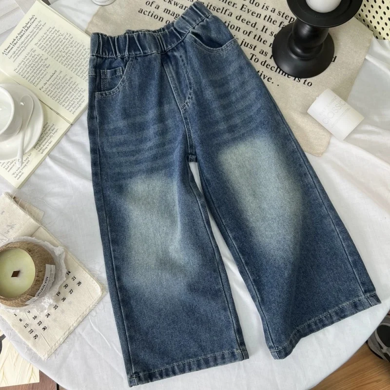 

2026 Children 2-10Y Girls Jeans Autumn Flower Embroidery Toddler Kids Girls Straight Leg Pants Ins Little Girls Casual Trouser