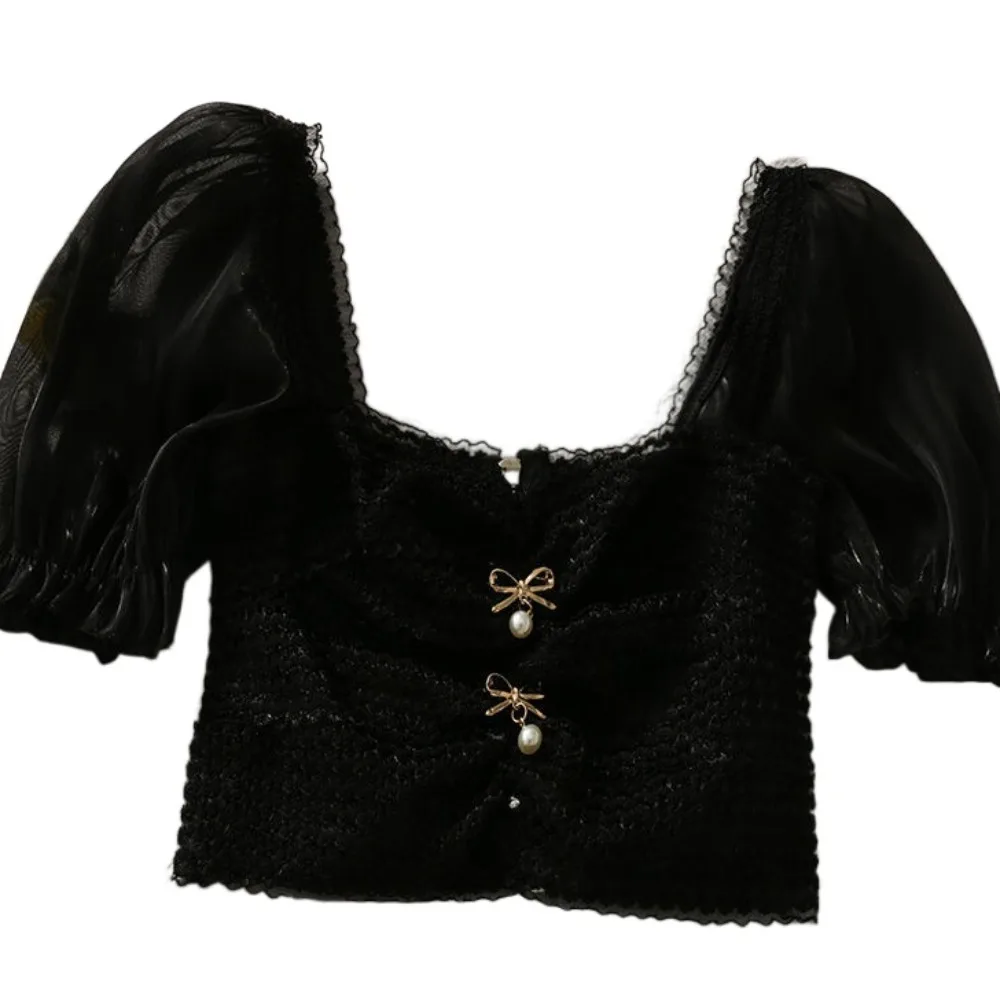 

Pleated Puff Sleeve Crop Top Spicy Girl Style Knitwear Lace Bow Knit T-shirt Slim Fit Female Clothing Sweet Top Women Summer
