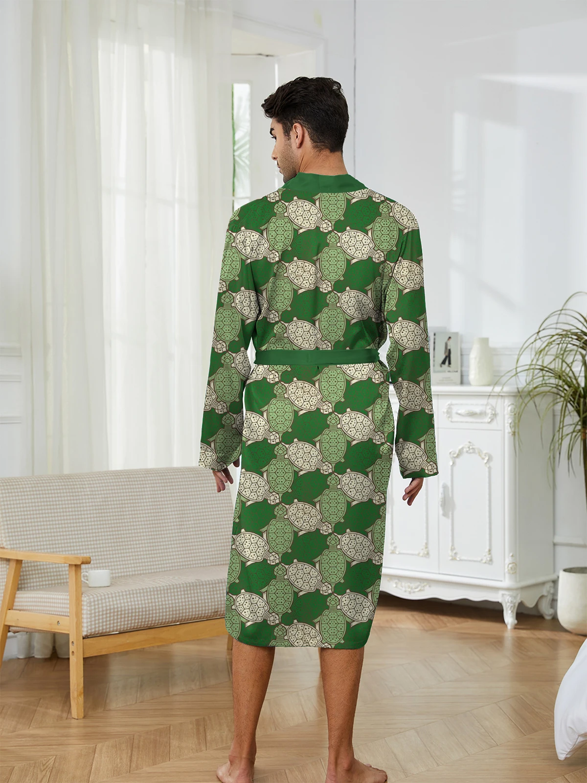 Men's sleeping robe with digital printed turtle pattern, fashionable and quick drying, casual and comfortable men's bathrobe