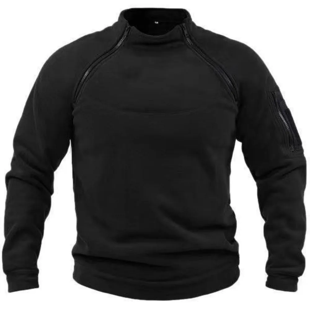 Men's Polar Fleece Outdoor Warm Breathable Tactical Zipper Standing Neck Long Sleeves Casual Solid Color Sweatshirt