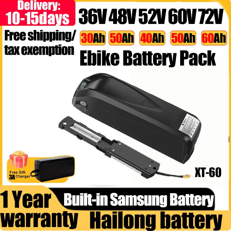 Ebike Electric Bicycle Hailong Battery 36V48V52V Li-tio Battery 72V 60V Bafang 1500W 20/30/40/50/60ah Lithium Battery Free Tax