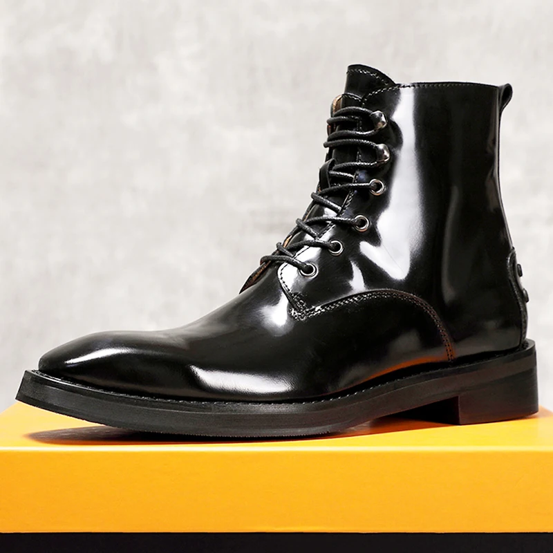

Высокие ботинки для верховой езды на шнуровке в британском стиле, мужская обувь из натуральной кожи, увеличивающая рост, 8 см, с острым носком, деловая осень-зима