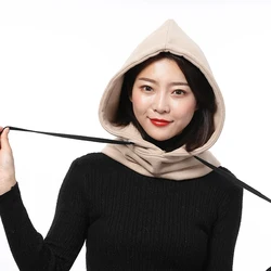 Unisex Winter Cotton Balaclava Hat Warm Thick Ear Neck Protect Beanies Women Men 2Layer Hooded Fake Collar Drawstring Skullies