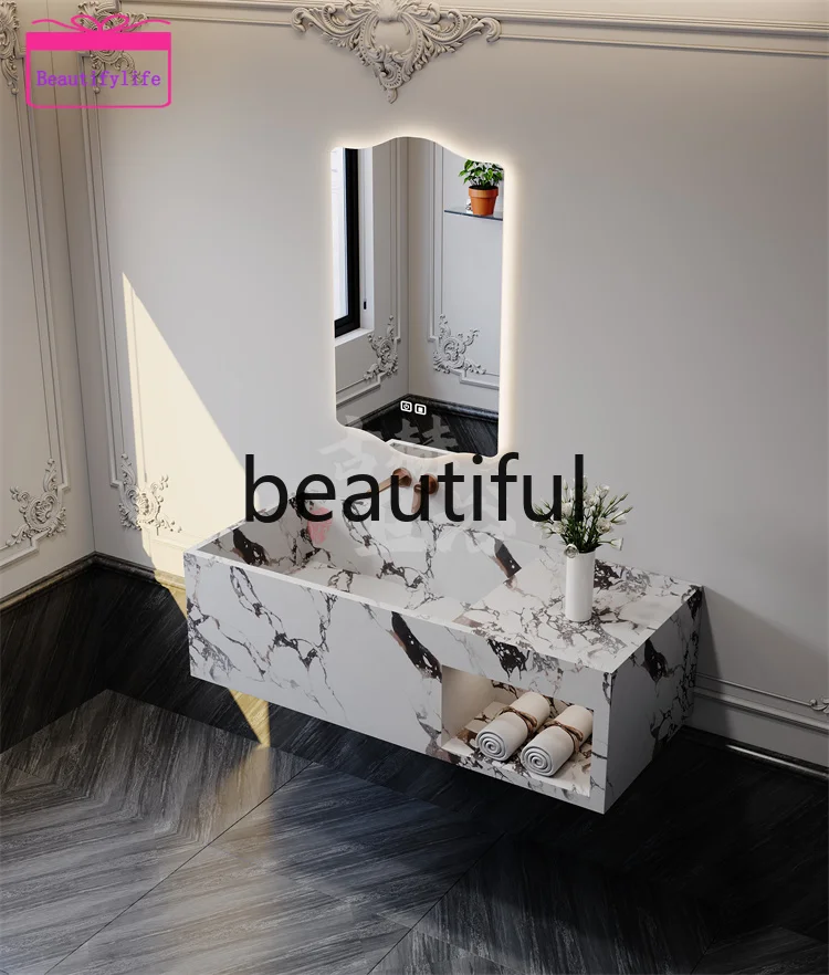 B567 Luxury stone narrow side deep sink wall-mounted marble rock slab hand wash basin bathroom cabinet