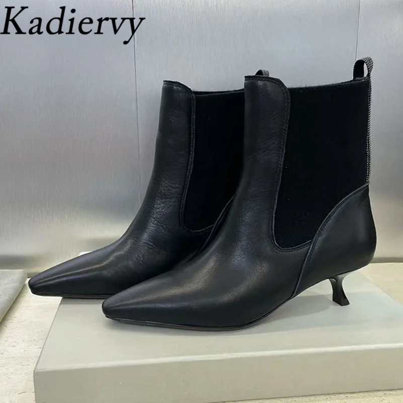 

Sexy Kitten Heels Short Boots Woman Suede Leather Pointed Toe Runway Shoes Women High Heels String Bead Ankle Boots Women