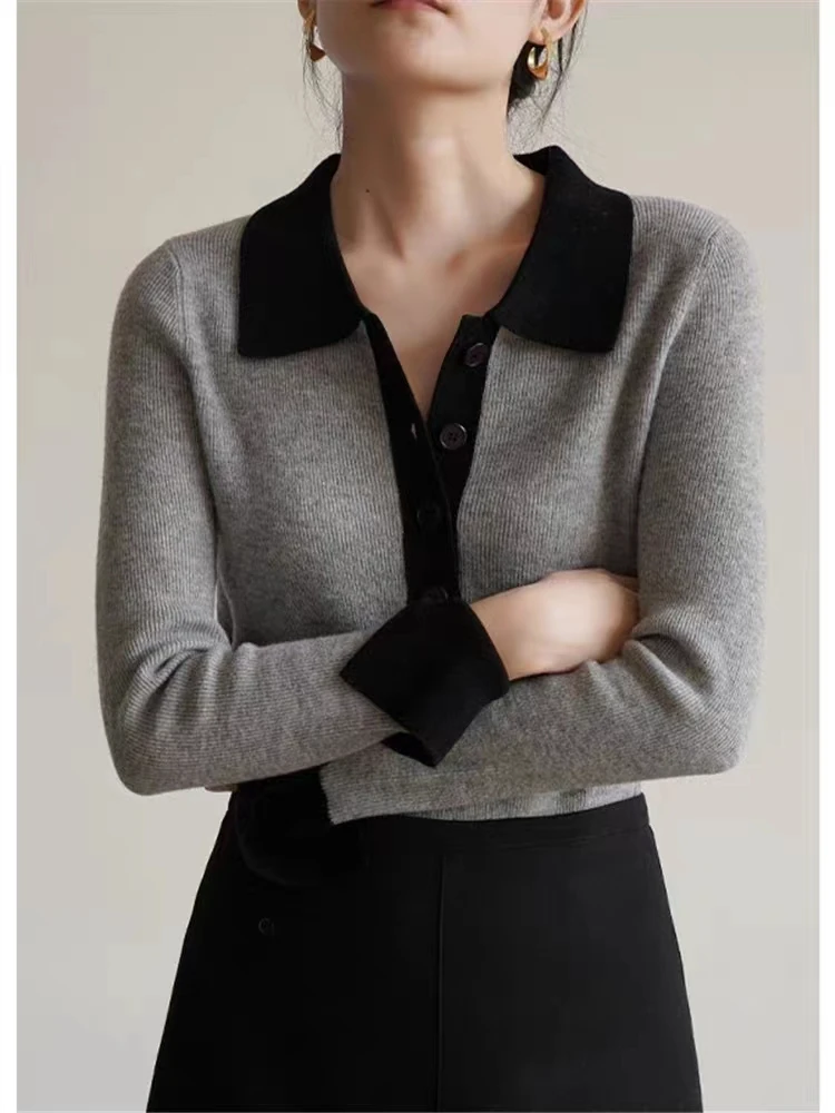 Kontrastfarbe POLO-Ausschnitt 100 % reiner Kaschmirpullover weiblicher schlanker Pullover Temperament Langarm-Kaschmir-Strickboden.