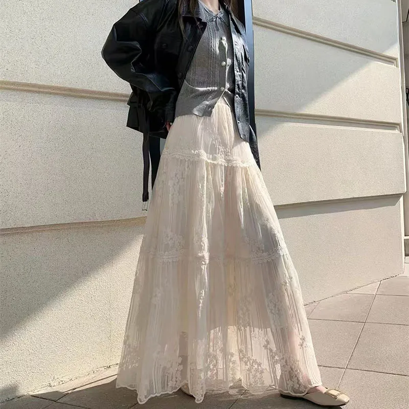Elegant Lace Embroidered Midi Skirts Women French Luxury Patchwork Long Skirt High Waist Office Ladies All Match A Line Skirts