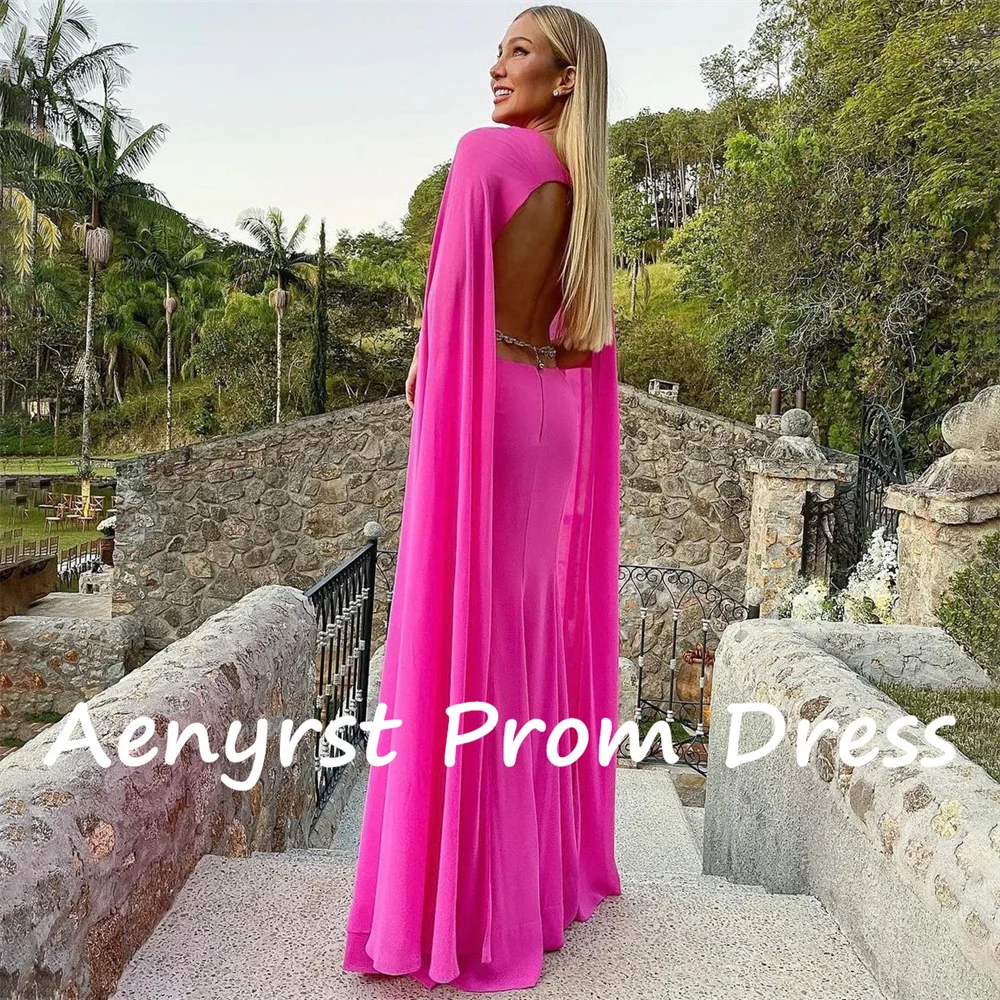 Aenryst Sexy Rose Red Long Cap Sleeves Mermaid Prom Dresses Chain Backless Evening Dress Floor Length Party Gowns فساتين سهره