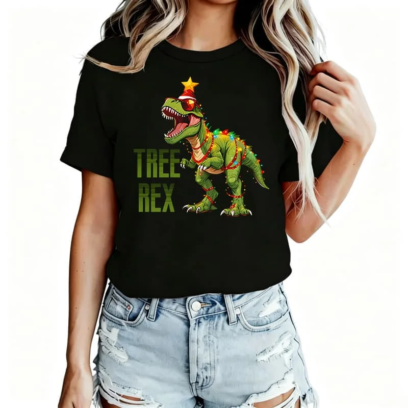 3D Printed Christmas Tree Rex Women's T-Shirt 100% Cotton Funny Graphic Short Sleeve Tee Novelty Shirt Casual Crew Neck Top S-5Xl