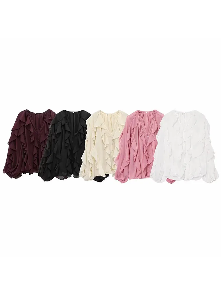 

Женская весенняя элегантная блузка с V-образным вырезом, однобортная, с длинными рукавами, ламинированная, декоративная, однотонная рубашка