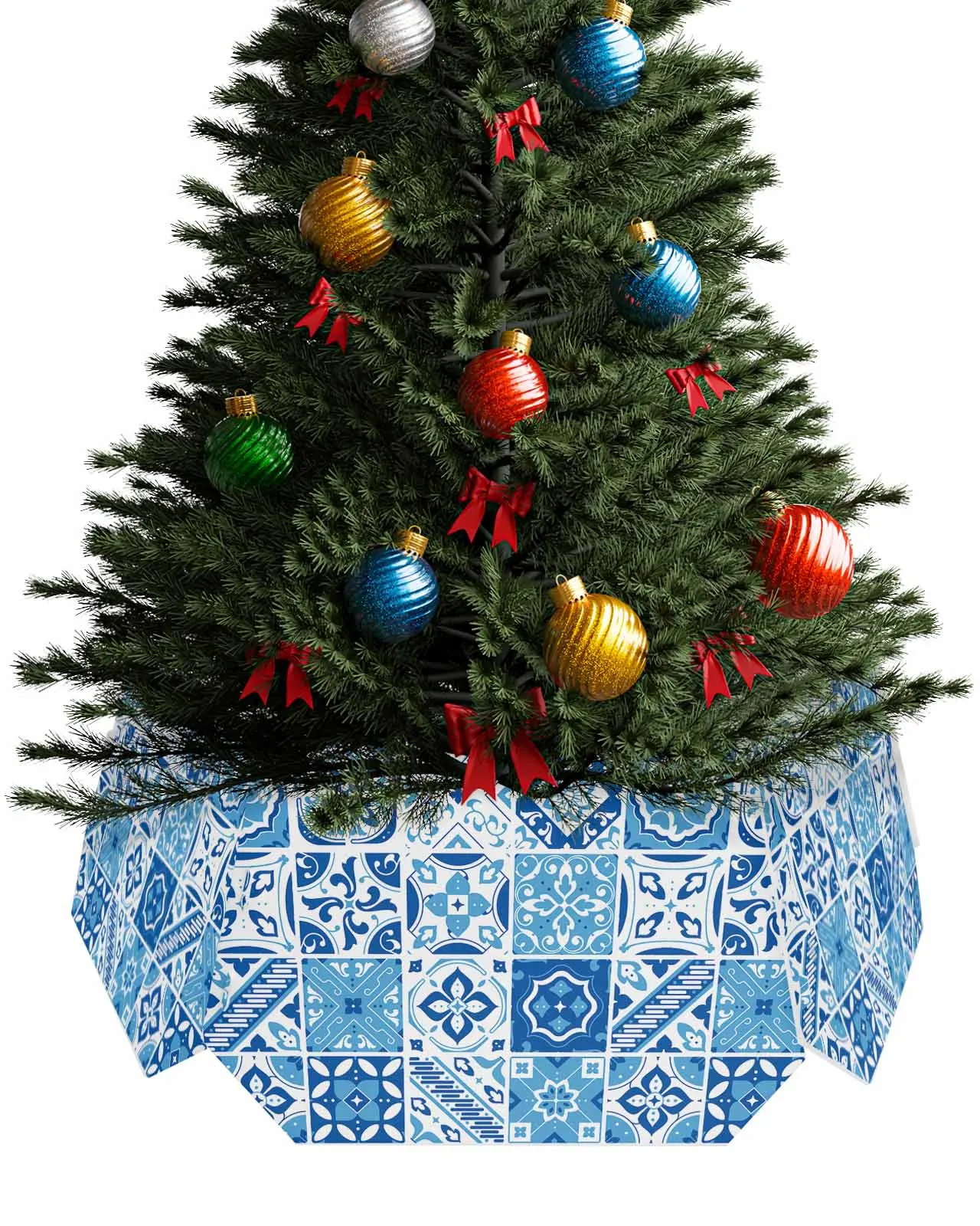 Patterns Square Flower Blue Mosaic Christmas Tree Creative Printed stereoscopic Tree Bottom Decoration Festival Party Tree Skirt