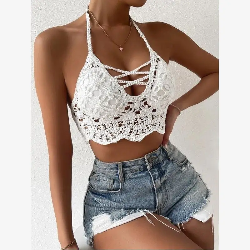 Nouveau 2023 femmes tricoté sangle creuse suspendus Ne cravate Ba haut EBAY Sle gilet de transport couleur Pure autres matériaux 00%