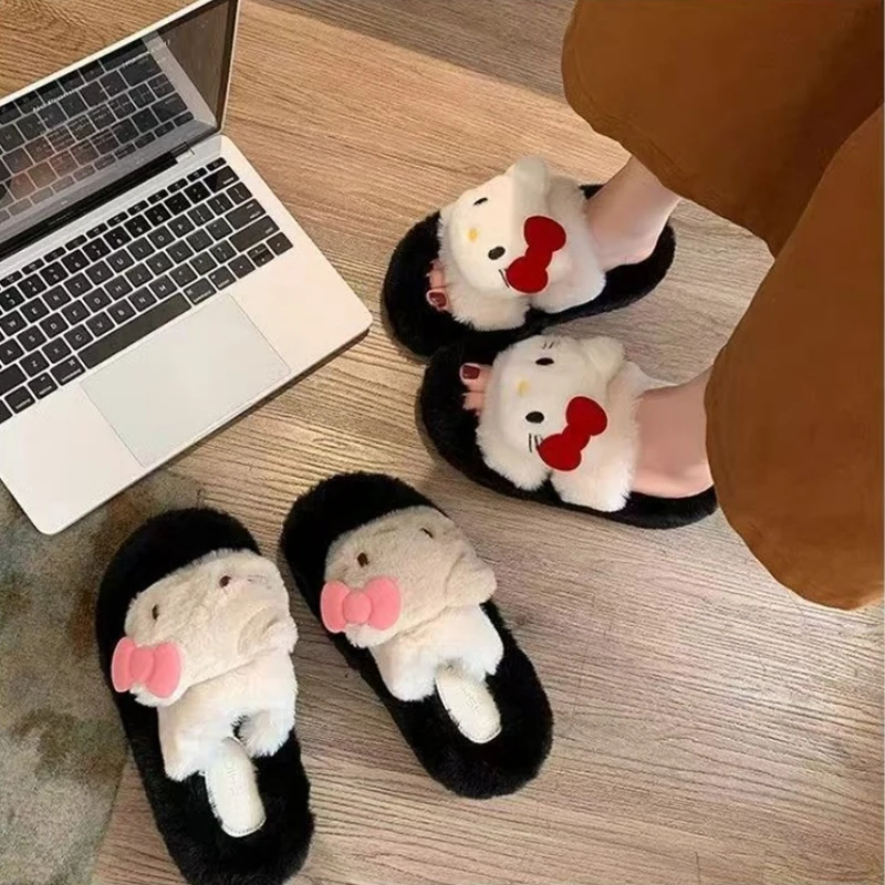 Kawaii simpatico cartone animato Hello Kitty pantofole pelose con suola spessa donna autunno/inverno tavolozza di colori dopamina nuova moda regalo adorabile