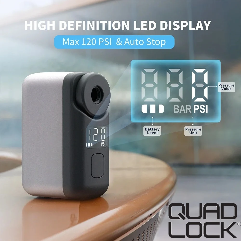 

QUAD LOCK Electric Mini Portable Pump for Bike Cordless Tire Inflator 120PSI Max 450mAh Battery with