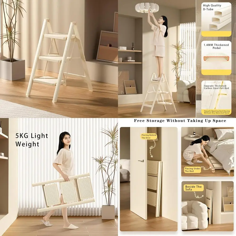 مقعد قابل للطي من الفولاذ الكربوني خفيف الوزن للبالغين - سلم من 3 طبقات بدواسة عريضة 20 سم، يدعم 330 رطل، متين ومحمول