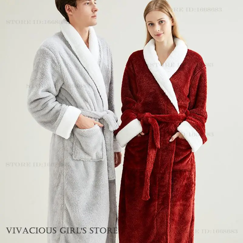

Thicken Coral Fleece Couple Long Robe Sleepwear Winter Warm Bathrobe Home Dress Plush Flannel Negligee Loungewear Nightwear