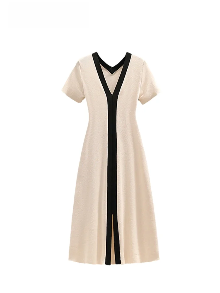 

plus Size Knitted Short Sleeve Dress Women's Summer Slimming A-Line Skirt Waist-Cinching V-Neck Midi Dress Korean Style