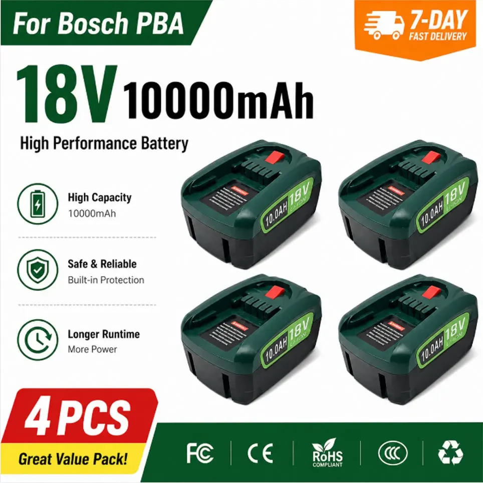 Batteria al litio ricaricabile da 18V 10000mAh per utensili elettrici Bosch PBA, compatibile con caricabatterie AL1880CV AL1810CV AL18815CV AL1830CV, spedizione locale, magazzino UE
