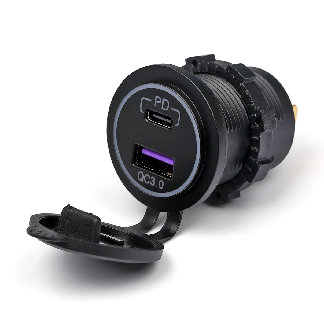 

New Arrival Dual Port QC3.0 USB Socket+PD Socket Car Power Fast Charging Charger with LED Ring Illuminate Phone Power Charger