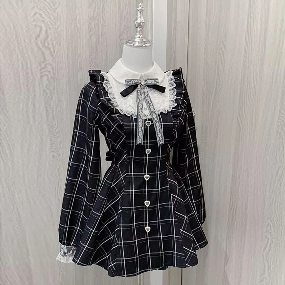 

Japanese Fairy Sweet Lace Patchwork Plaid Dress Women Kawaii Grunge Ruffled Long Sleeve Dresses Y2k Aesthetic JK Lolita Vestidos