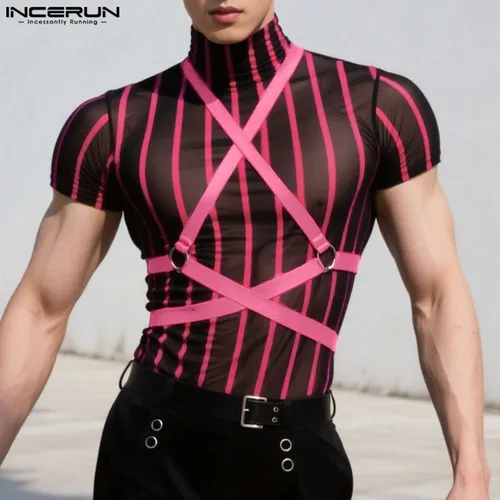INCERUN, camiseta para hombre, retales a rayas de malla, cuello alto transparente, camisetas de manga corta para hombre, ropa de calle, ropa de fiesta para hombre 2025