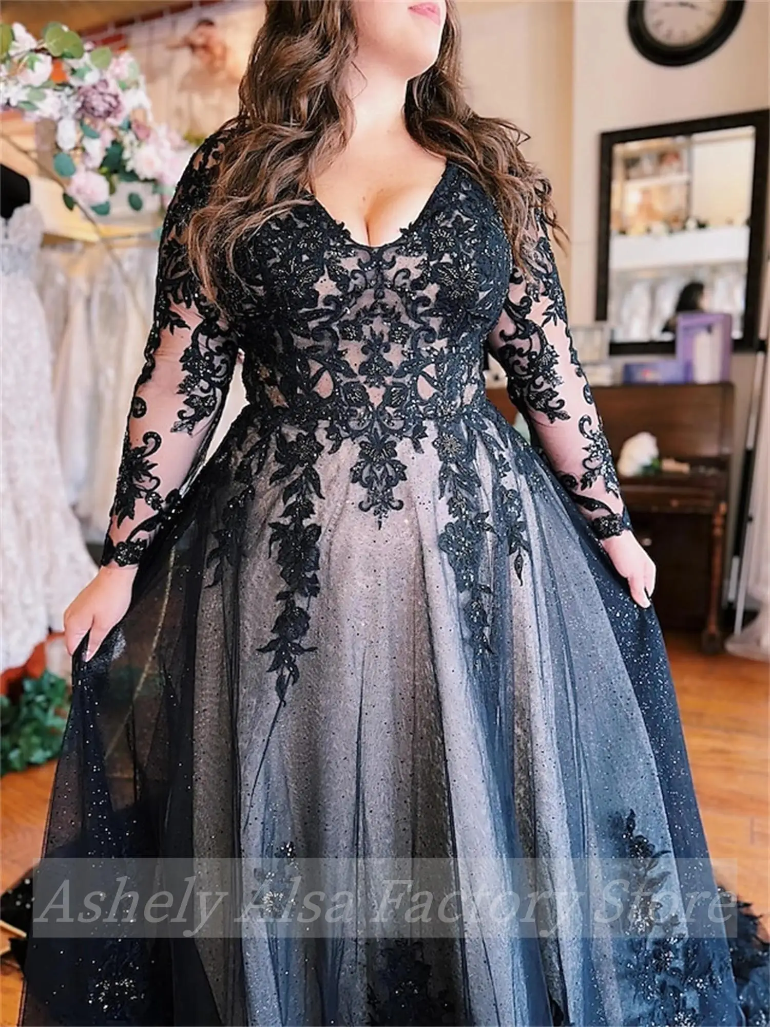 Vestidos de manga comprida para mulheres, V Neck, Lace Applique, Linha A, Festa de Casamento da Mãe, Vestido de Ocasião Formal, Árabe Saudita, Plus Size