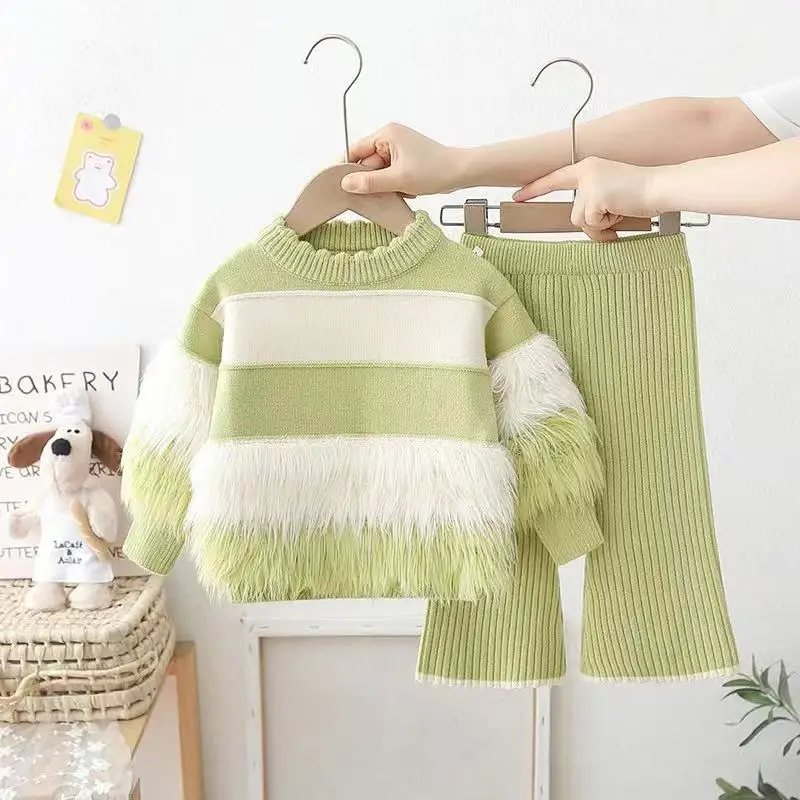 

Girls' Sweater Set Autumn And Winter 2026 New Children's Knitted Sweater Bellbottom Pants Knitted Two Piece Set Kids Outfits
