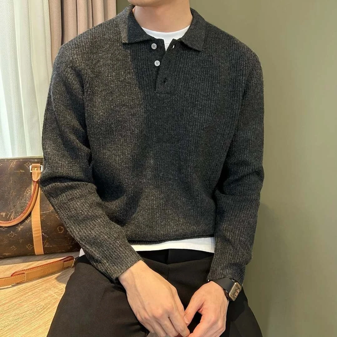 

Korean Fashion Polo Collar Design Mens Sweater Solid Color Long Sleeve Pullover Fall Winter Business Casual Knitted Sweater Men