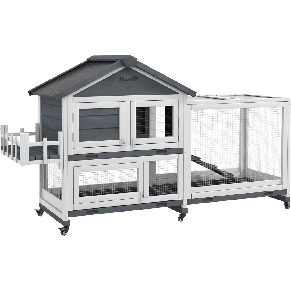 65 Inch Wooden Pet Rabbit Hutch with Open Roof