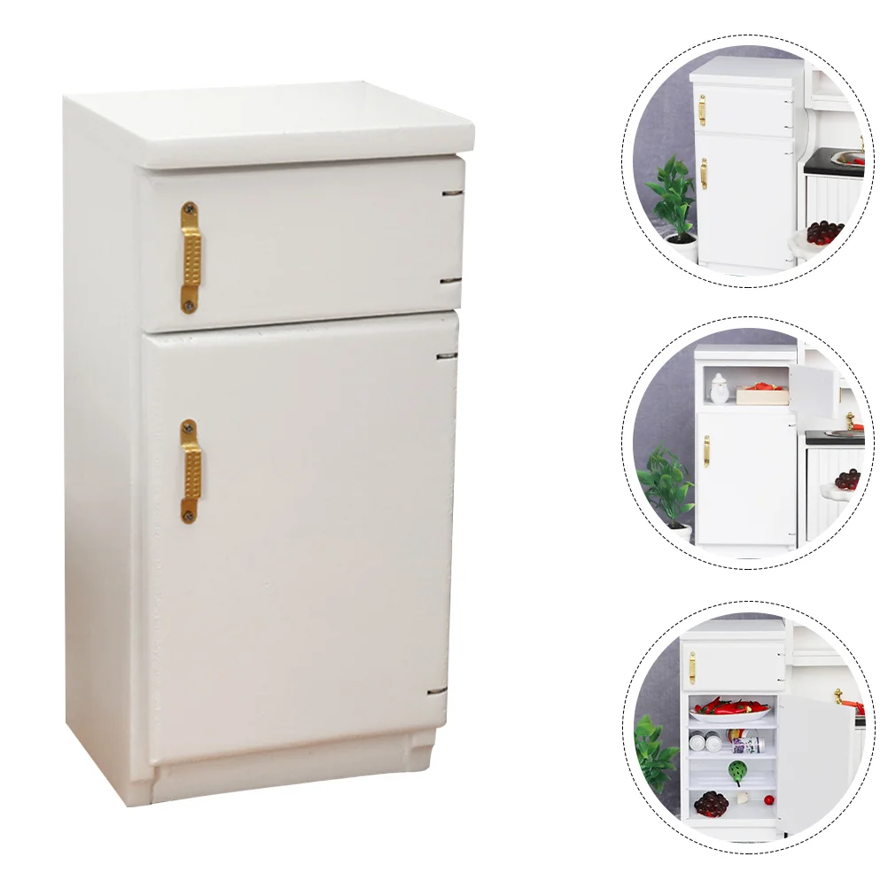 Refrigerador de doble puerta en miniatura para casa, modelo de muebles, adorno de madera, accesorios de casa de muñecas, escena/escala, blanco