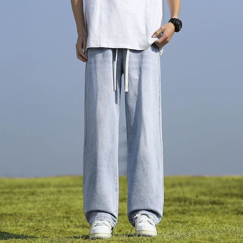 

2025 New in Spring and Autumn New Men's Jeans Style High Street Wide Leg Pants Pants Washed Drawstring Rubber Band Pants Trend