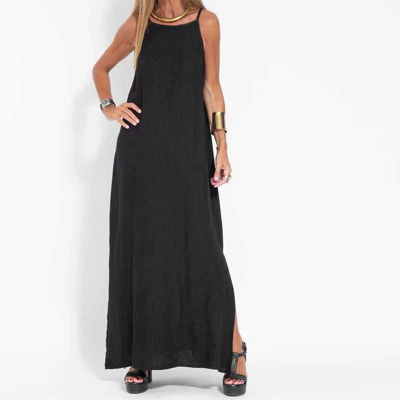 Robe longue fendue en coton et lin pour femmes, vêtement sexy, longueur au sol, respirant, décontracté, plage, soirée club