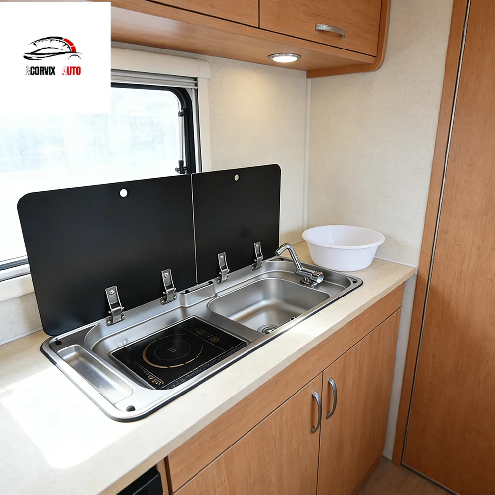 Durable SS304 Drop-in RV Sink and Induction Cooker for Camper and Caravan Kitchens, Corrosion-resistant and Easy to Install