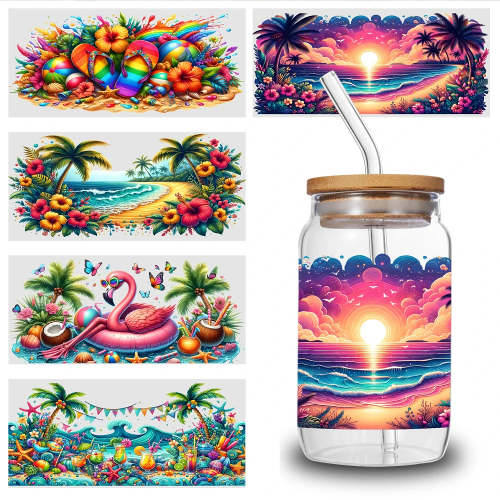 5 Sheets Sunset Ocean Palm Trees Sky Clouds Waves Beach UV DTF Stickers Cups Decoration Mug Decoration Gift Suitable for 16 oz