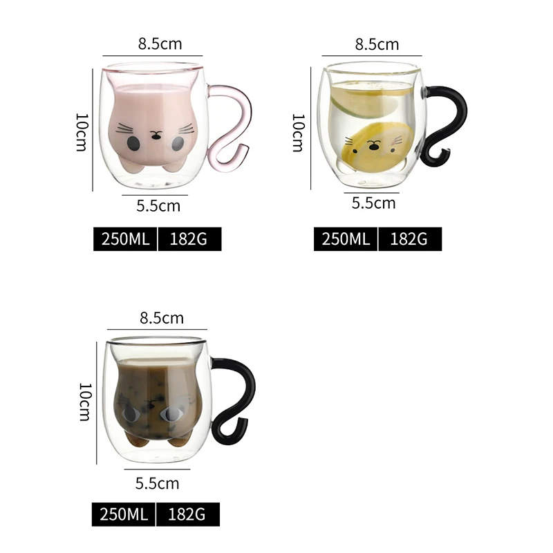 YWDL 1/2PCS 250ml Cartoon Cat Double Wall Glass Cute Coffee Tea Cup Heat-resistant Coffee Mug Handle Espresso Cup For Latte