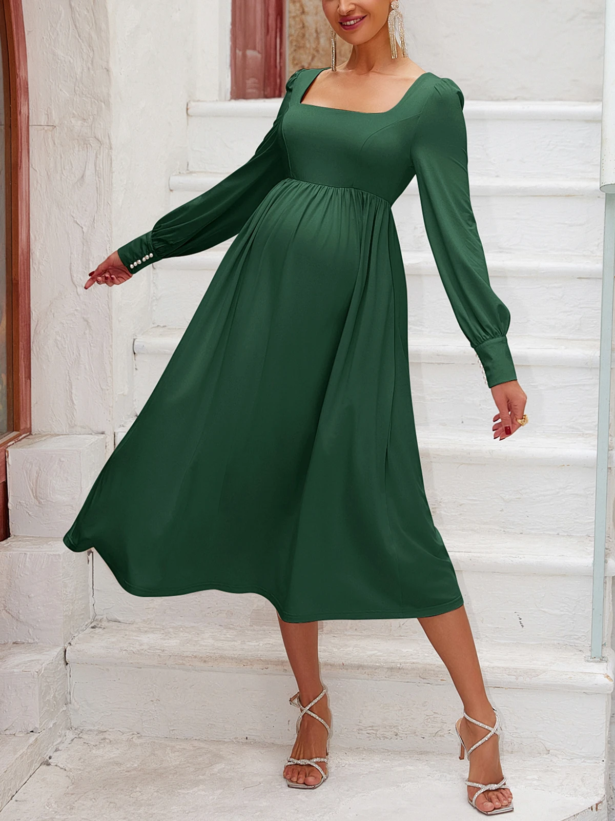 ItsRoya Solid Square Neck Pregnant Photography Props Dress Loose Pleated Midi Dresses Pearl Long Sleeves Casual Maternity Dress