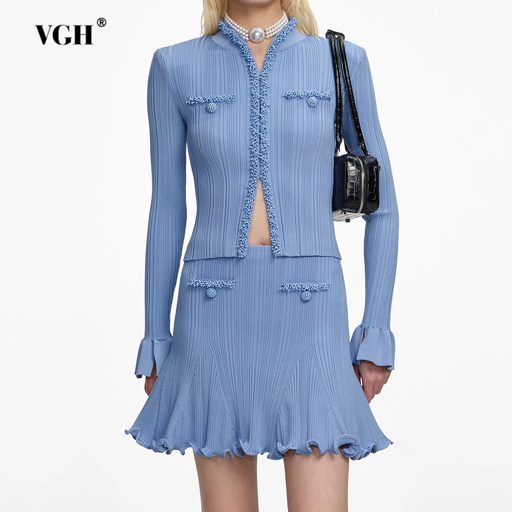 

VGH Элегантные однотонные комплекты из двух предметов во французском стиле для женщин, топ с v-образным вырезом и длинными рукавами, юбка с высокой талией, шикарный свежий комплект, женская мода