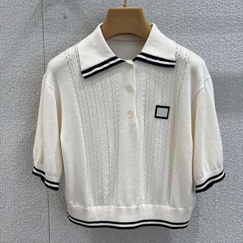 

High Quality Silk Cotton Blends Openwork knitted Short Sleeve Top For Women Lapel Crop Sweater Tees Lady 2571460
