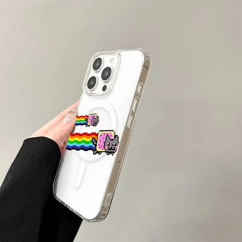Kawaii قوس قزح القط Magsafe حافظة هاتف مغناطيسية آيفون 17 الهواء 16e 16 برو ماكس 15 14 زائد 13 12 Mini 11 غطاء خلفي شفاف