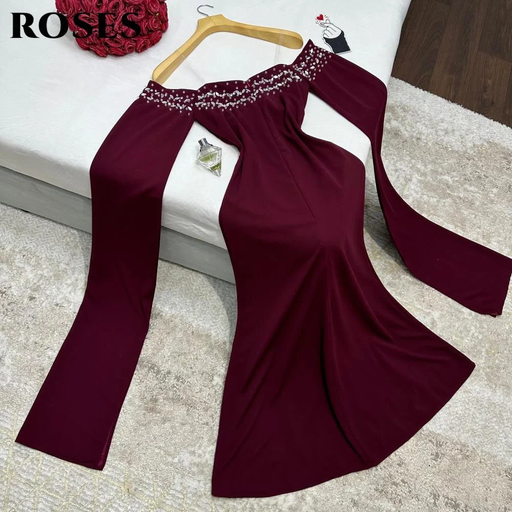 ROSES Burgundy Stain Trumpet Prom Dresses with Crystals Evening Dresses Off the Shoulder Party Dresses with Pleats Customized