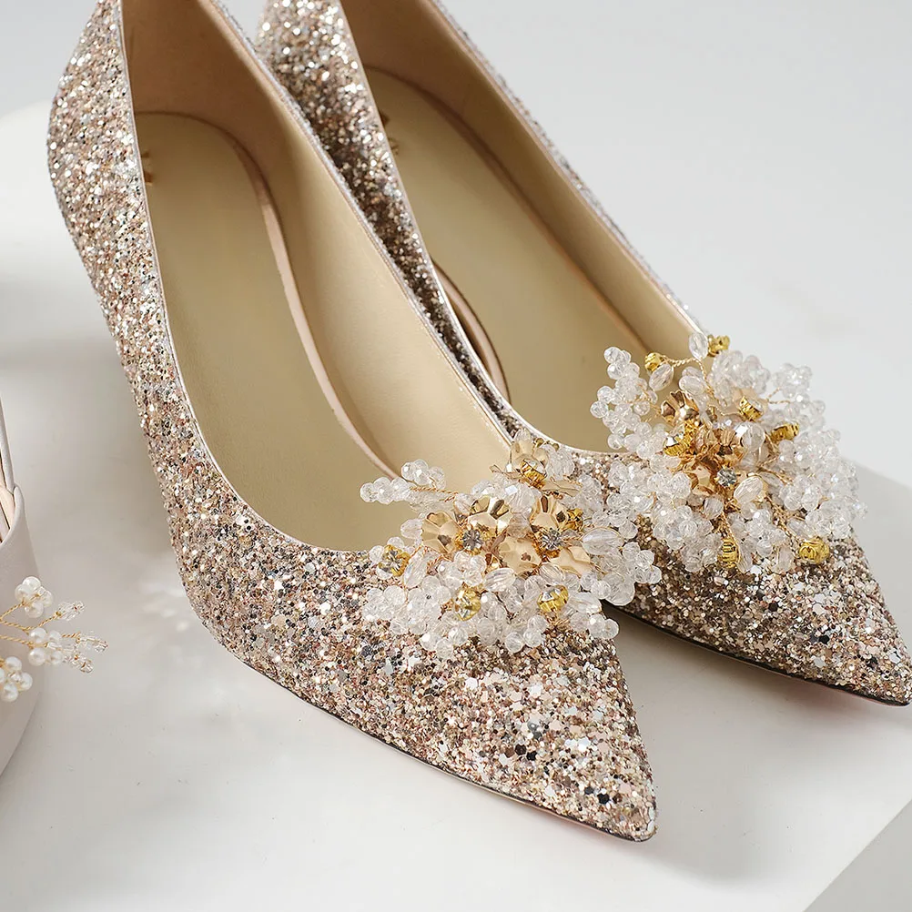 

Wedding Shoes Accessories H made Beaded Buckles Crystal Flowers Gold Bridal Shoe Clips For Bride Decorativeheel Embellishments