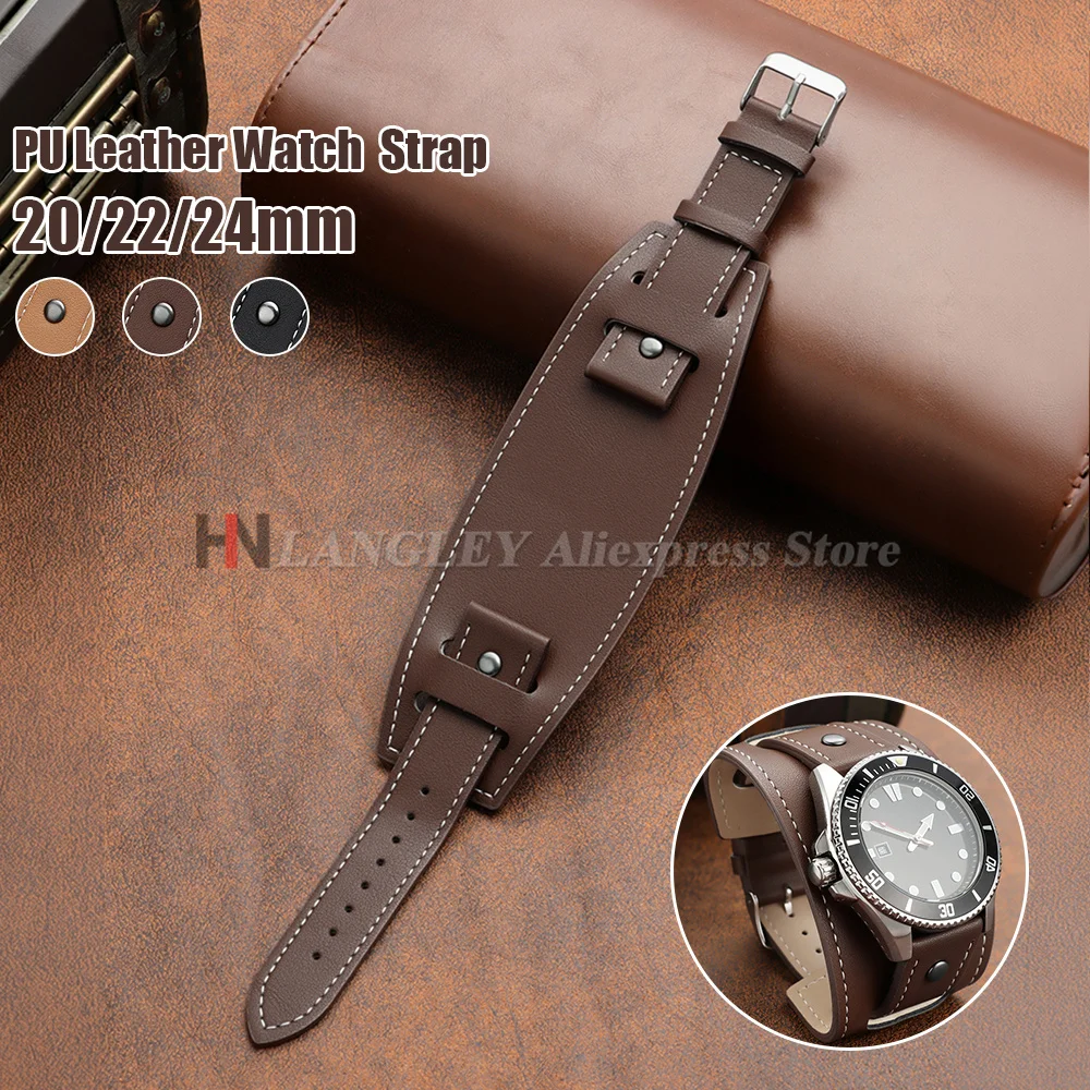20mm 22mm 24mm Bund Strap Men Watch Band Vintage Cowhide Cuff Watch Band Bracelet Deep Brown Black Light Brown Color Watch Strap
